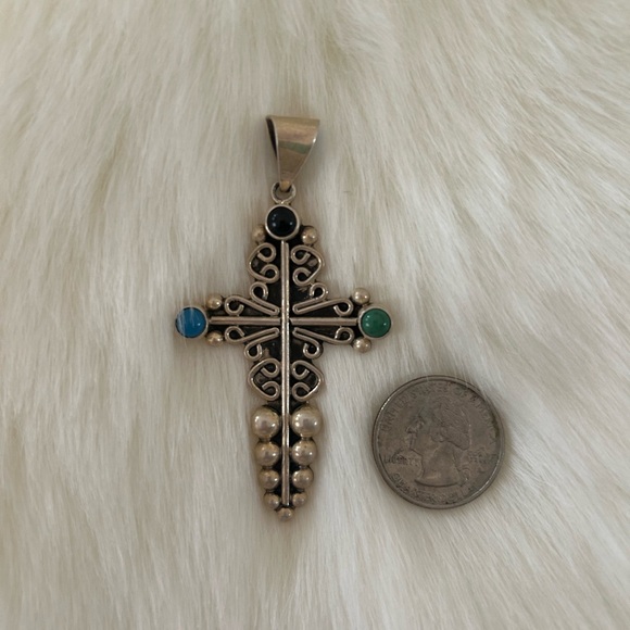 Carsi Sterling Silver Cross Pendant with amethyst and turquoise- Mexico - Picture 3 of 3